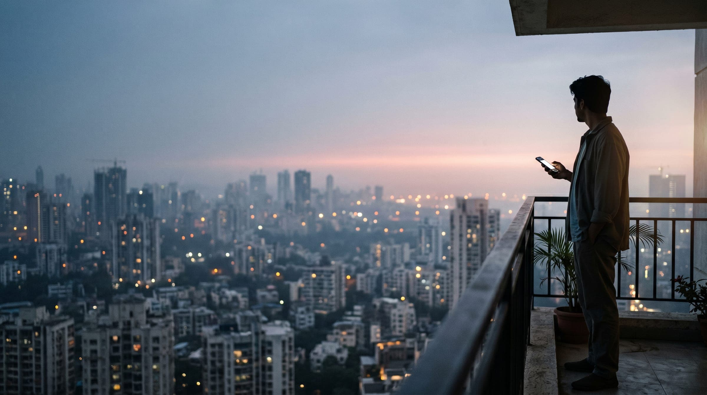 A creator on a high-rise balcony at dusk overlooking a city skyline